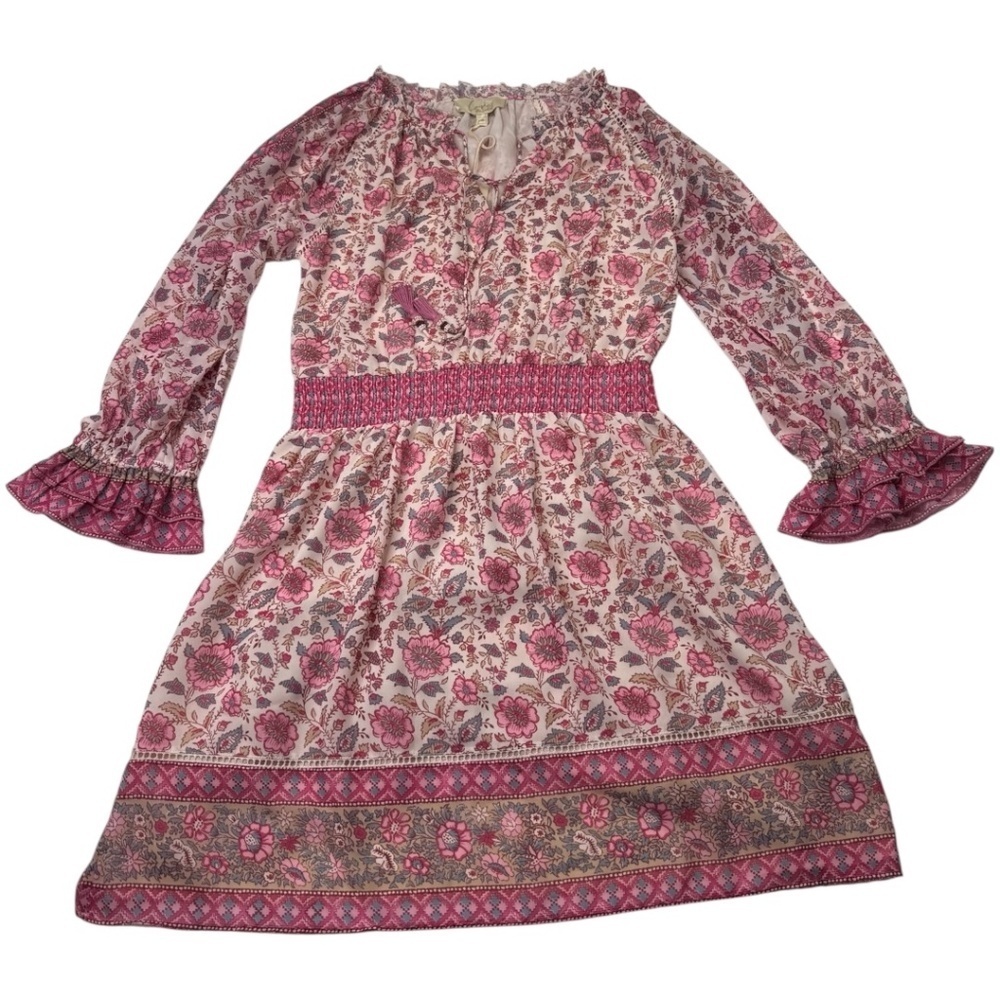 Love The Label Anthropologie Boho Floral Mini Dress Pink Smocked Tassel S - Picture 6 of 15